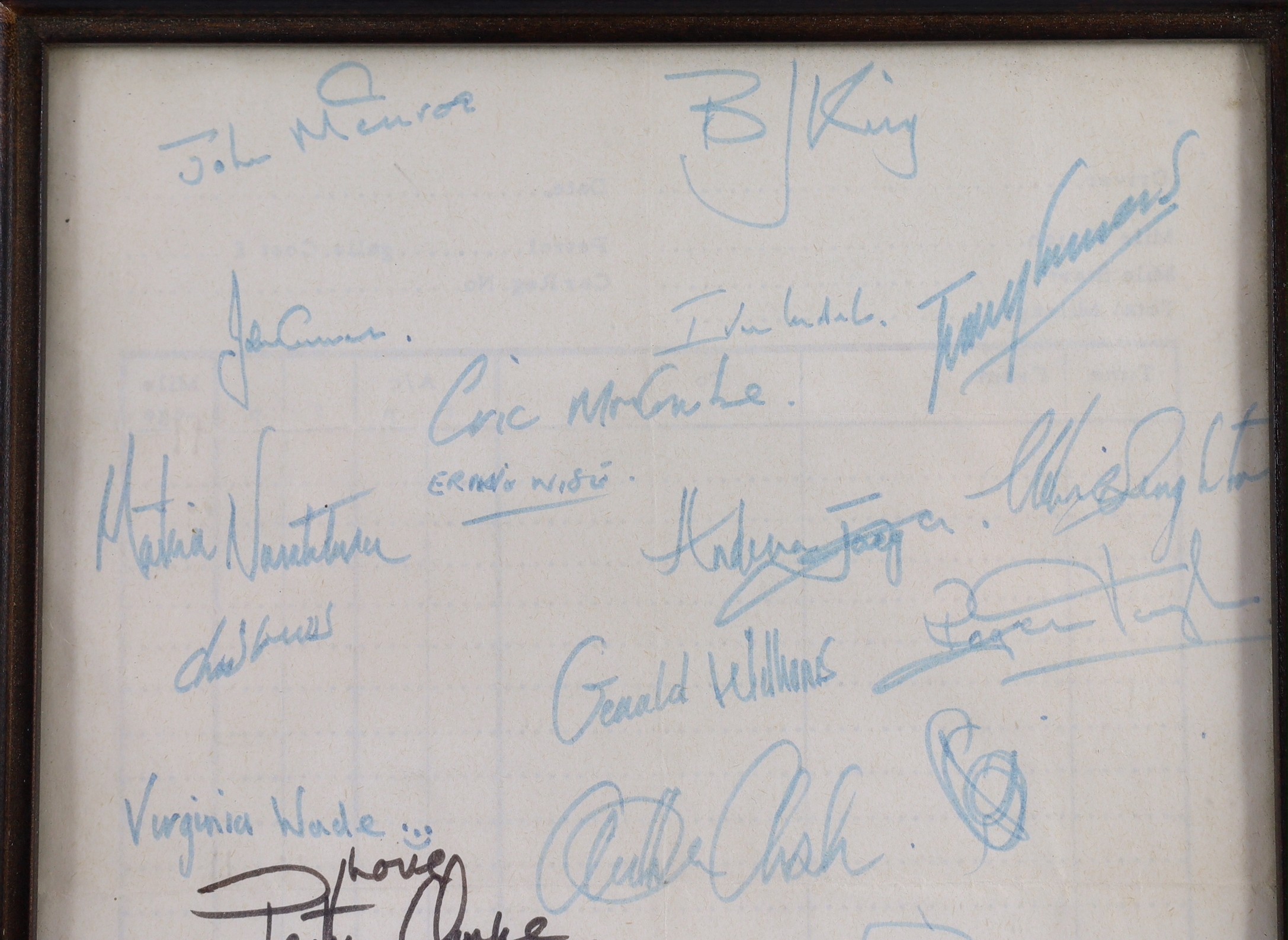 Framed autographs including Arthur Ashe, Robert Plant, Virginia Wade, Terry Wogan, Ernie Wise, Eric Morecambe John McEnroe, Julie Andrews etc., 20 cms wide x 28.5 cms high